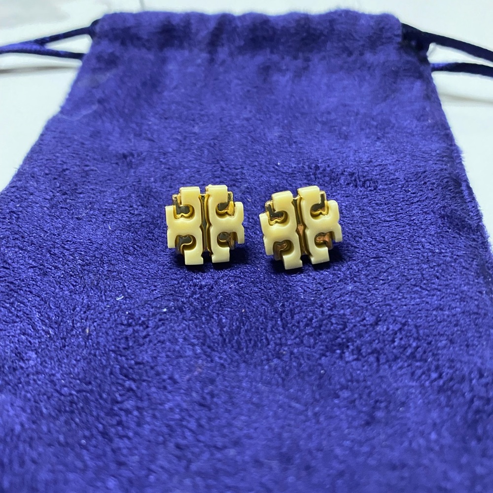 Tory Burch earrings studs gold and crepe in excellent condition with bag!